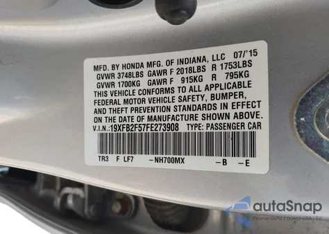 2015 Honda Civic Lx из США, поврежденный, VIN 19XFB2F57FE273908